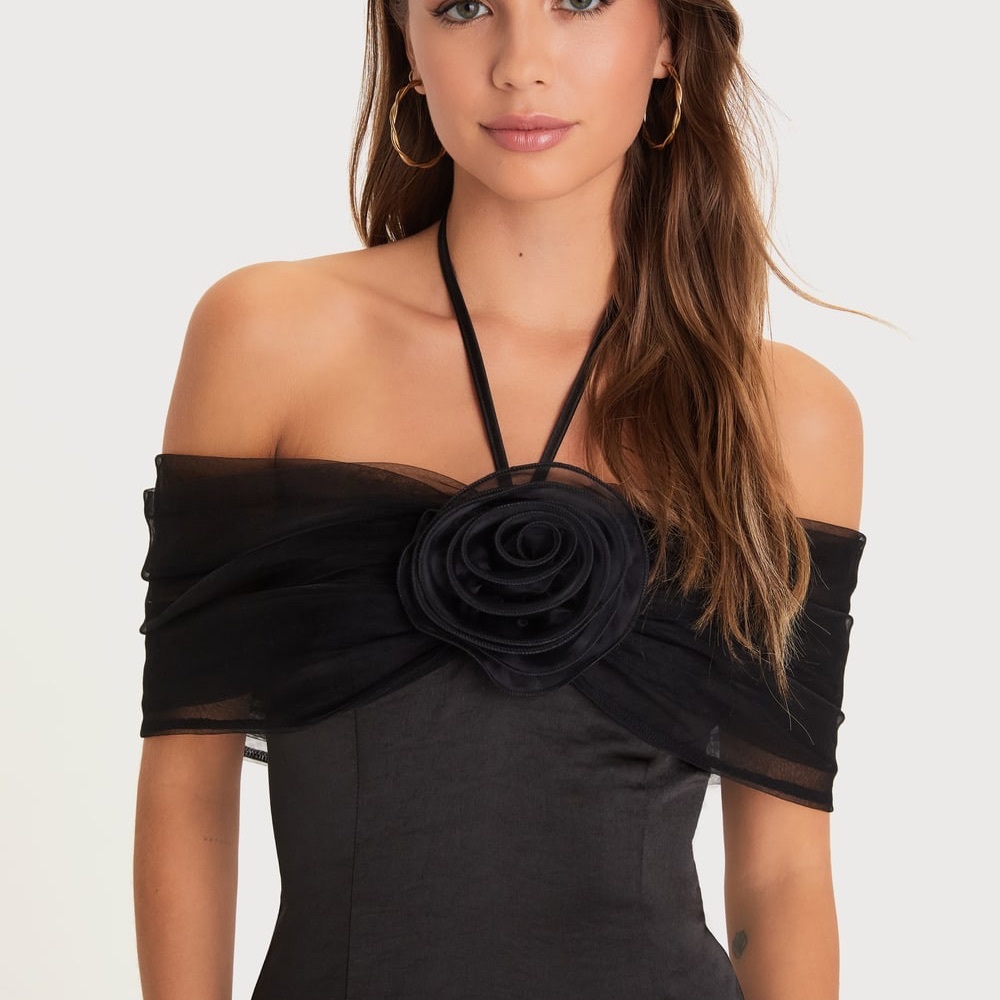 NWT Lulus Trendsetting Moment Black Mesh Rosette Off-the-Shoulder Bodysuit